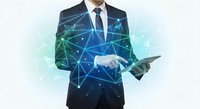 Professional businessman in suit using tablet with digital network connections overlay for technology and business innovation concepts.