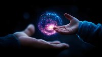 Magical glowing galaxy spiral floating between hands against dark background, cosmic energy visualization with purple and blue light effects and stars.
