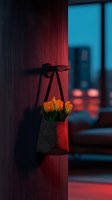 Orange tulips in hanging textile pot against dark wall with dramatic red and blue mood lighting, creating mysterious atmosphere for interior design.