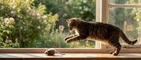 Tabby kitten stretching on sunny windowsill with toy mouse, green garden visible outside, domestic pet playing indoors.