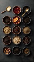 Variety of loose leaf teas and dried fruits in ceramic bowls arranged on dark background with golden spoons, overhead view for tea packaging and menu design.