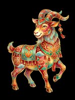 Ornate Chinese zodiac goat with colorful floral patterns and tassels, isolated on transparent background, for stickers, t-shirt design, and print on demand.