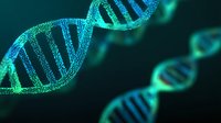 Glowing blue and green DNA helix structure on dark background, representing genetic science, biotechnology, and medical research.