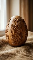 Handcrafted wooden egg with intricate rose pattern carving on burlap fabric, showcasing traditional woodworking artistry and floral motifs for home decor.
