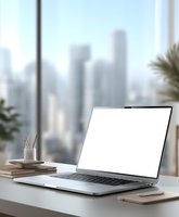Modern laptop with blank screen on desk against blurred city skyline, perfect for business presentation mockup or remote work concept.