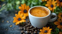 Fresh espresso in white cup surrounded by vibrant orange daisies and scattered coffee beans on dark rustic surface, creating cozy autumn mood.