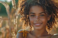 Young African American woman with natural curly hair smiling outdoors in golden sunlight, wearing yellow top, radiating joy and confidence against blurred nature background.