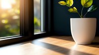 Green plant with fresh leaves in white ceramic pot on wooden windowsill, sunlight casting soft shadows through window, minimalist home decor setting against dark wall.