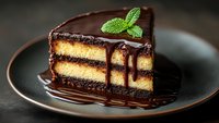 Decadent chocolate layer cake slice with vanilla cream filling, dark chocolate ganache topping, and fresh mint garnish on black plate with dripping sauce.