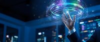 Businessman hand reaching toward holographic digital interface with glowing data visualization in modern office environment for technology presentations.
