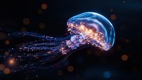 Luminescent jellyfish floating in dark waters with glowing tentacles and translucent bell, surrounded by magical bokeh lights creating ethereal underwater atmosphere.