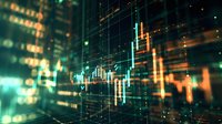 Glowing orange and green financial market data visualization with candlestick charts and grid lines on dark background showing stock market analysis.
