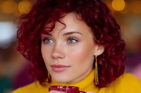 Young woman with vibrant red curly hair and striking blue eyes wearing yellow sweater and gold earrings against blurred bokeh background, holding beverage.