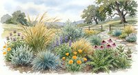 Watercolor illustration of drought-resistant garden with ornamental grasses, succulents and wildflowers in natural landscape setting for landscaping.