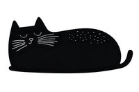 Minimalist black cat silhouette with white whiskers and closed eyes, resting in relaxed position on white background. Isolated design element for pet-themed projects.