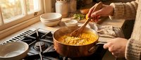 Person with medium skin tone wearing a beige sweater stirring golden pasta in a copper pot on a gas stove in a bright kitchen with wooden window frames and ceramic bowls.