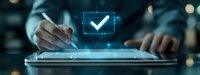 Digital signature on tablet with holographic checkmark symbol glowing in blue light, business person signing electronic document with stylus pen.