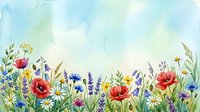 Watercolor wildflower meadow border with poppies, daisies, lavender, and cornflowers on a soft blue sky background with copy space.