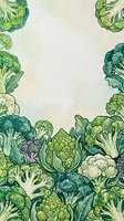 Fresh organic vegetables including broccoli, cauliflower, and leafy greens arranged on cream background. Hand-drawn watercolor style illustration with botanical details, ideal for healthy eating, nutrition, and farm-to-table design projects.