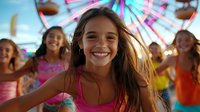 Young Hispanic woman with flowing hair smiling at summer carnival, colorful ferris wheel lights in background as friends celebrate and dance at twilight festival.