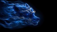 Mystical blue smoke forming shape of wolf head profile against black background, ethereal glowing effect creates dramatic fantasy art composition.