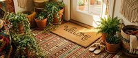 Cozy boho entryway with a welcome doormat, potted green plants, ethnic rug, and warm sunlight streaming through a glass door.