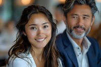 Asian business professionals smiling at camera in office setting with blurred background. Young woman in foreground and mature man with gray beard wearing blazer.
