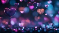 Glowing pink and purple heart shapes floating on dark blurred background with bokeh lights create romantic atmosphere for Valentine's Day designs and love themes.
