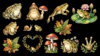 Vintage toad and frog illustrations with mushrooms, snails, water lilies and botanical elements isolated on transparent background. Ready for clipart, t-shirt design, stickers and print-on-demand projects.