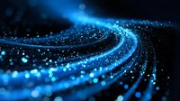 Abstract glowing blue particles flowing in curved motion against dark background, creating dynamic light trails and bokeh effect for technology concepts.