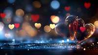 Romantic glass hearts glowing with red and gold light against dark background with bokeh effect and floating heart shapes, creating magical Valentine atmosphere.