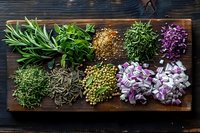 Fresh aromatic herbs and spices arranged on rustic wooden cutting board, including rosemary, thyme, chopped red onions and green peppercorns, perfect for cooking background.