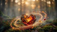 Glowing heart-shaped gemstone surrounded by magical light trails on mossy forest ground with warm bokeh background for romantic fantasy designs.