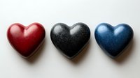 Three glossy heart shapes in red, black, and blue arranged in a row on white background, isolated and ready for design use on merchandise, cards, and digital projects.