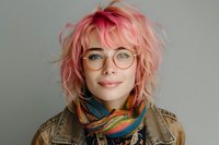 Young woman with pink hair and round glasses wearing colorful scarf and brown jacket smiles warmly at camera against neutral background. Modern millennial style portrait.