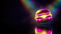 Glowing neon burger with vibrant pink and yellow lights on dark background with colorful rainbow reflections for modern food advertising and design.
