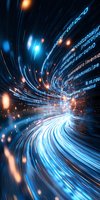 Futuristic digital tunnel with glowing blue light streams and data code fragments creating dynamic motion effect for technology backgrounds.