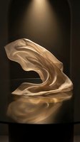 Flowing translucent fabric sculpture with golden light, creating elegant wave patterns and soft shadows on dark background for artistic design projects.