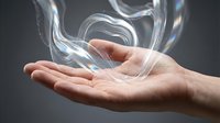 Caucasian hand holding transparent glass sculpture with flowing, wave-like forms against neutral background. Suitable for concepts of innovation, creativity, fragility, and design.