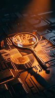 Magnifying glass revealing glowing circuit board patterns with orange light effects for cybersecurity and digital forensics technology concepts.