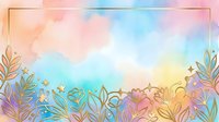 Watercolor gradient background with ornamental foliage borders in gold, pink, and blue tones, isolated on transparent background for design projects and digital artwork.