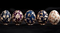 Elegant Easter eggs decorated with gold floral patterns on dark and light backgrounds arranged in row. Luxury holiday decorative design on porcelain surface.