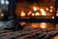 Small turtle silhouette on textured surface against warm fireplace bokeh background creating cozy atmospheric evening scene with glowing lights and shadows.