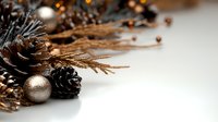 Festive winter composition with pine cones, metallic gold ornaments and glittering branches on white background. Holiday decor elements with copy space.