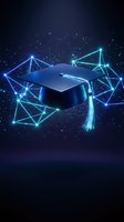 Digital graduation cap with glowing network connections on dark starry background representing online education technology and academic achievement.