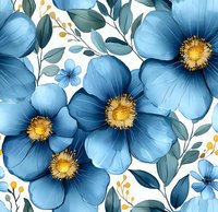 Watercolor blue flowers with yellow centers and green leaves on white background, floral seamless pattern for fabric, wallpaper and surface design.