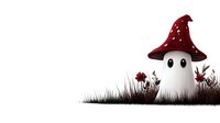 Cute ghost character wearing red spotted mushroom cap standing in dark grass with red flowers, minimalist fantasy art style on white background. Suitable for children's design.