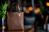 Brown canvas tote bag with leather handles on wooden table in cozy cafe setting with warm bokeh lights and green plant for shopping and lifestyle.