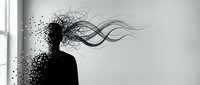 Human silhouette dissolving into flowing particles and abstract lines against minimalist interior wall, conceptual transformation art.