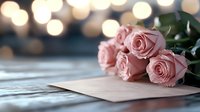 Pink roses and envelope on wooden surface with soft bokeh lights in background, creating romantic atmosphere for wedding invitations, love letters or special occasions.